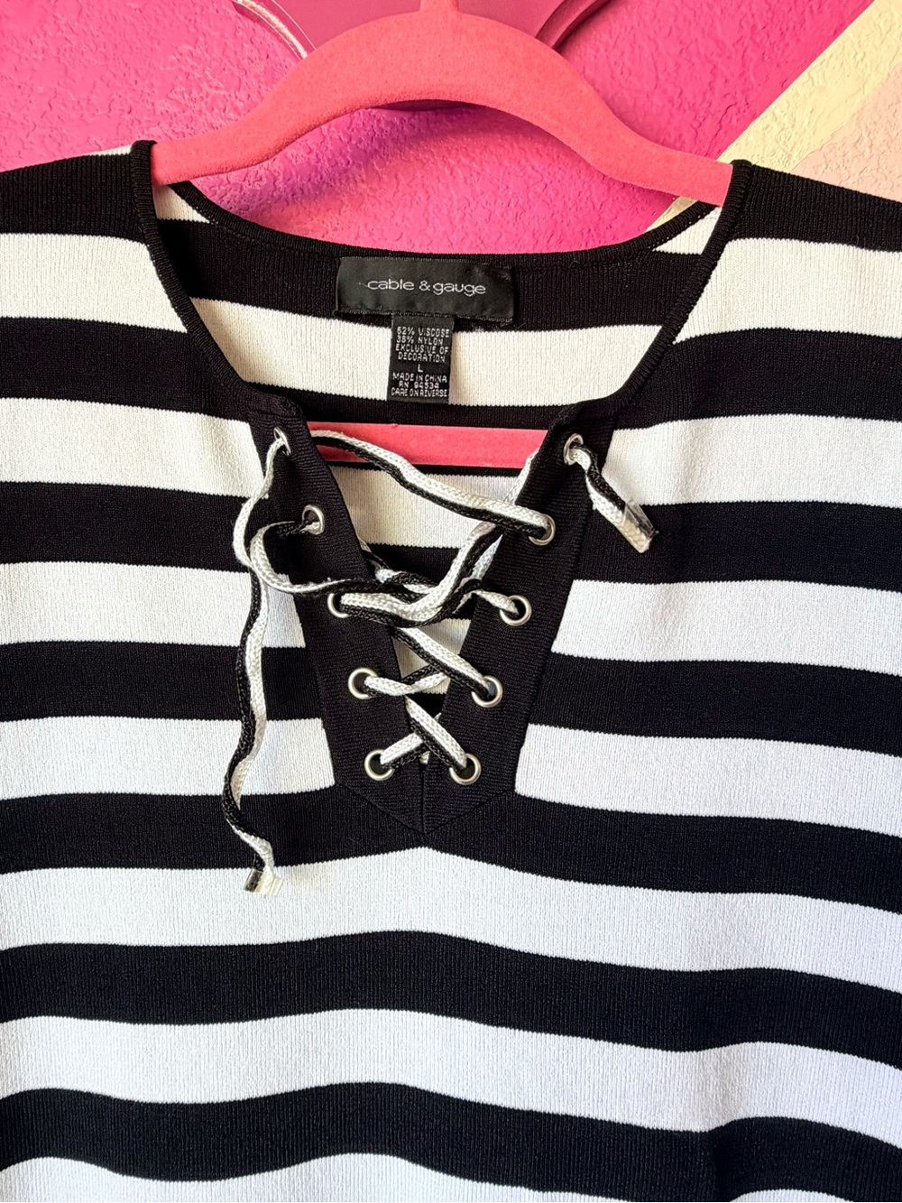 Barbiecore Cable & Gauge pullover sweater Black & White Striped Nautical